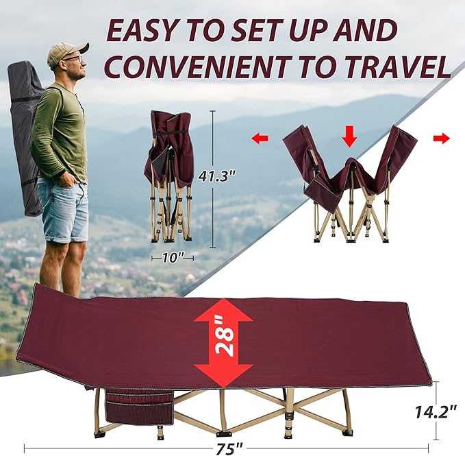 Folding Camping Cot for Sleeping, Portable Cots for Adults, Heavy Duty Cot Bed 550LBS(Max Load), Extra Wider Cots with Large Pocket for Outdoor, Office, Beach