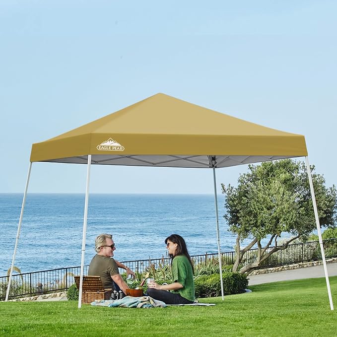 EAGLE PEAK 10x10 Slant Leg Pop-up Canopy Tent Easy One Person Setup Instant Outdoor Beach Canopy Folding Portable Sports Shelter 10x10 Base 8x8 Top (Beige)