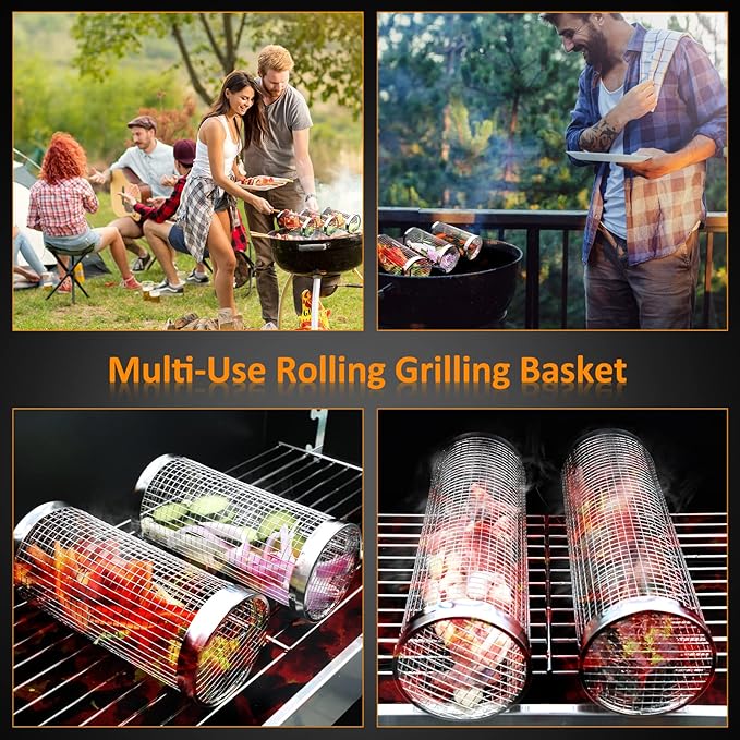 Rolling Grill Baskets (2PCS), Stainless Steel Grill Basket, Dishwasher Safe BBQ Grill Accessories Portable Grill Baskets for Outdoor Grill for Fish, Shrimp, Meat, Vegetables, Fries Outdoor Cooking Camping