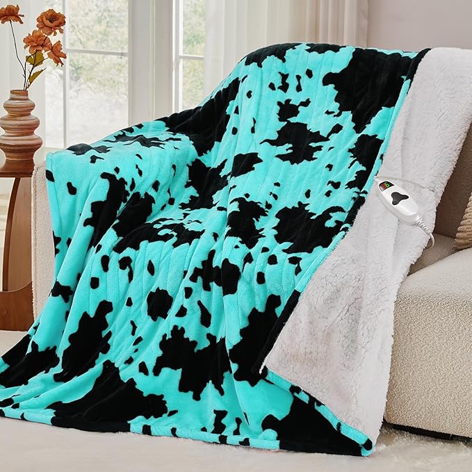 Cow Print Heated Electric Blanket Throw,50X60 Green Heating Blanket with 10 Heats Levels & 8 Hours Auto Off,Highland Cow Decor Stuff Fleece Sherpa Blankets Warmer Gifts for Women Adults Washable,ETL
