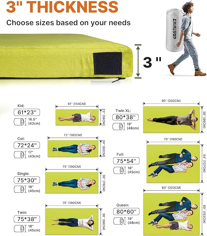 3 Inch GAIALOOP Thick Memory Foam Camping Mattress Sleeping Pad [Car/Tent/Cot] Glamping Portable Floor Mat Roll Up Futon Mattress for Guests Sleepover