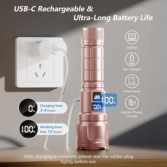 WdtPro LED Rechargeable Flashlight 2 Pack, Super Bright Zoomable 6000 Lumens Tactical Flashlight with LCD Digital Display, 3 Mode Waterproof Flash Light for Camping, Hunting & Home Emergency - Pink