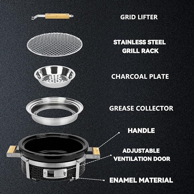 Onlyfire Ceramic Hibachi Charcoal Grill with Grid Lifter, 14" Portable BBQ Yakitori Grill with Stainless Steel Grate for Outdoor Patio Backyard Barbecue Cooking, GS305