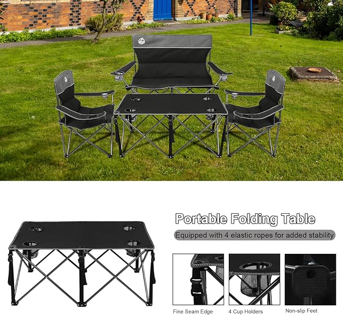 Northroad Folding Camping Chair Set of 4, Portable Collapsible Conversation Set w/1 Sofa, 2 Single Chairs, 1 Table for Family Patio, Outdoor Travel,Beach(Black)