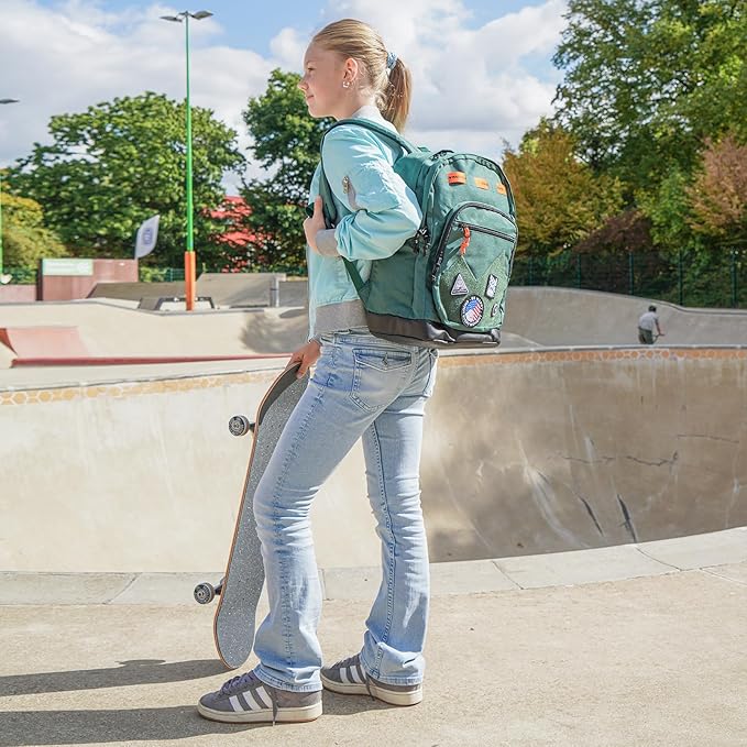 Swissdigital Design Big Student Laptop Backpack with Fun Personalized Patches For College Boy & Girl, Middle High School Teen Bookbag Cool Travel Daypack Green - Includes 3 Patches | SD1718-22