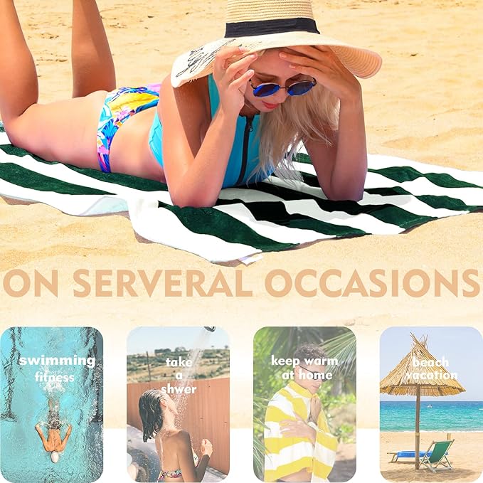 Exclusivo Mezcla 4 Pack Cotton Oversized 35x70 Inches Soft Cabana Stripe Thick Beach Towel, Super Absorbent Travel Bath Pool Towel (Sky Blue/Forest Green/Yellow/Red)