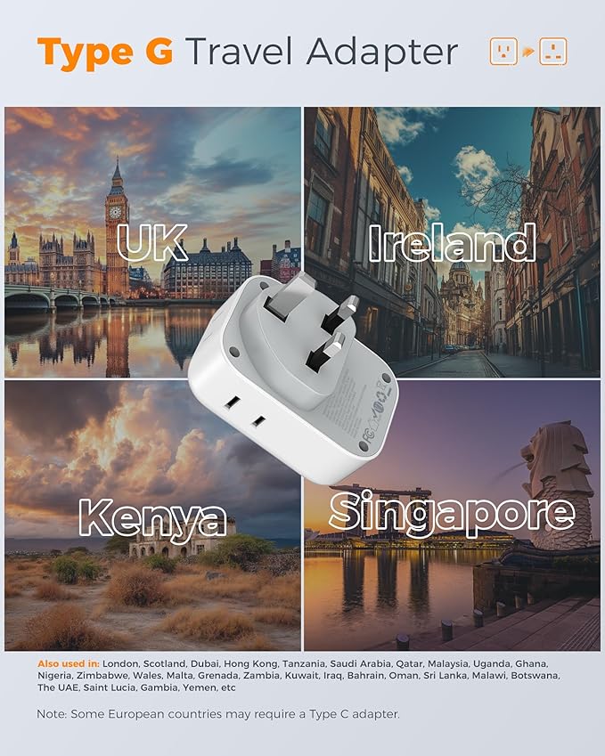 US to UK Plug Adapter PD 20W, TESSAN Type G Travel Converter with 3 USB Charger(1 USB C Port), 4 Outlets Power Adaptor for USA to Qatar Ireland Hong Kong England Scotland Kenya Dubai London British