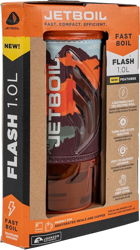Jetboil Flash 1.0L Portable Fast Boil Stove for Camping and Backpacking with 1-Step Auto Ignition, New for 2025, Propane/Isobutane Burner with Cooking Cup