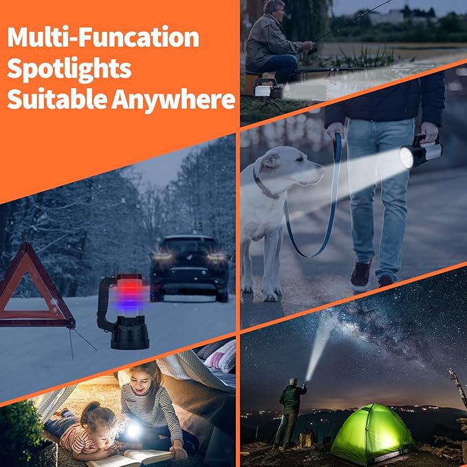 Superbright Handheld LED Spotlight Flashlight Powerful Searchlight USB Rechargeable Lantern Waterproof Tactical Torch Portable 6 Light Modes Side Floodlight (White Light)