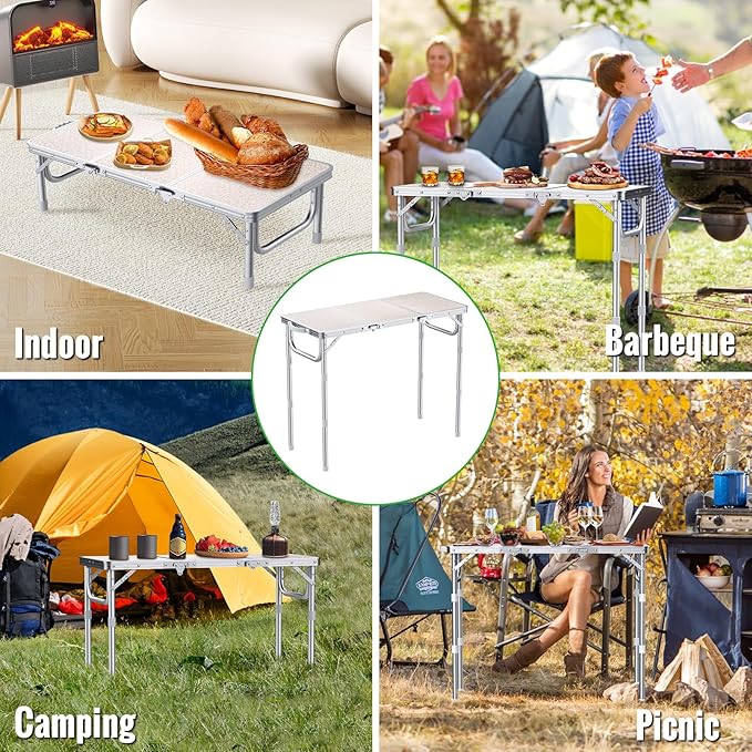 GARLLEN Folding Camping Table, 3 Adjustable Height Portable Folding Picnic Table with Storage Bag, Lightweight Aluminum Outdoor Table for Picnic, Camping, BBQ, 34.2" L x 15.7" W, Silver