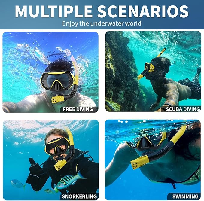Snorkeling Gear for Adults, JRing Snorkel Mask Set with 180 Degree Tempered Glass Anti Fog Goggles Scuba Dry Top Snorkel for Swimming, Scuba Diving Mask for Men Women