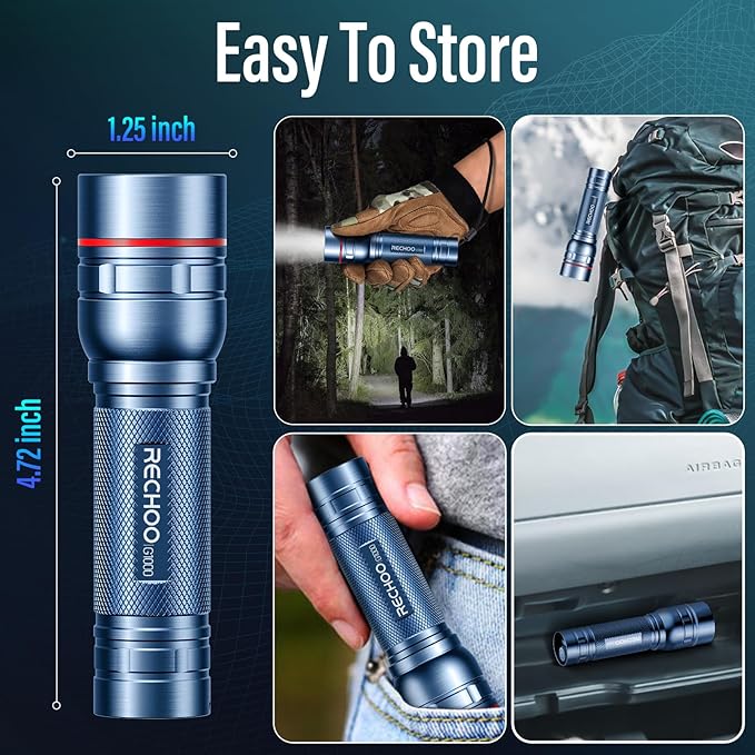 Rechargeable Flashlights High Lumens, G1000 Super Bright Flash Light, Small Zoomable LED Flashlight with 3 Lighting Modes, Portable Tactical Flashlight for Camping Essentials (Battery Included)-Blue