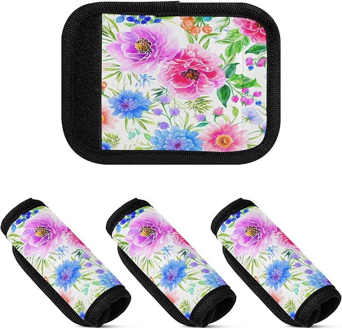 4 Pack Colorful Flowers Luggage Handle Wrap, Detachable Luggage Tag, Neoprene Suitcase Wrap with Comfort Grip & Bright Identifier for Suitcase, Travel Bag, Sports Bag