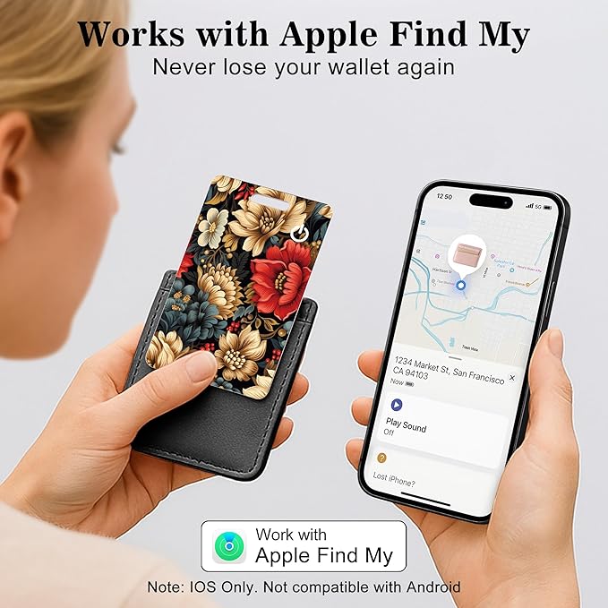 Wallet Tracker Card (iOS Only), Rechargeable Bluetooth Smart Tracking for Apple Find My Compatible Anti Tracker for Men Women Slim Item Locator for Purse Passport Key Luggage Tag (1Pcs/Golden FLR)