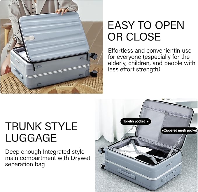 Hanke 24 Inch Checked Luggage Front Opening Rolling Suitcase Hard Sided Luggage with Spinner Wheels for Travel Woman Men.(Grey)