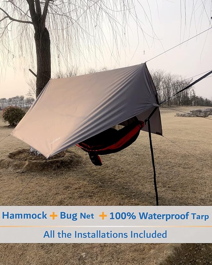 Sunyear Camping Hammock, Portable Single & Double Hammock with Net, 2 Person Hammock Tent with 2 * 10ft Straps, Best for Outdoor Hiking Survival Travel