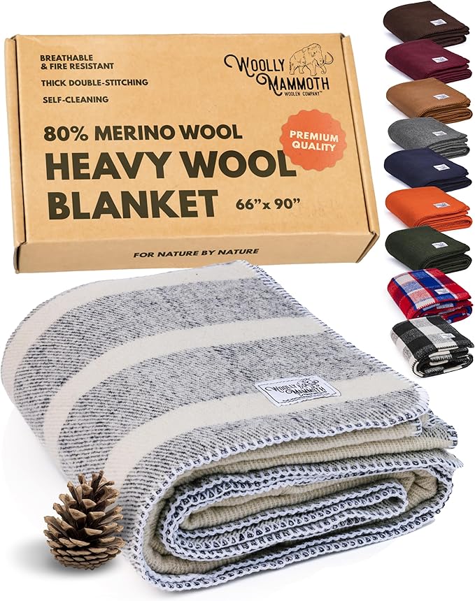Woolly Mammoth Woolen Company Wool Blanket - 66 x 90 in, Navy & Cream Stripe, Farmhouse Style - Camping Blankets for Sleeping - Camping Gifts & Essentials