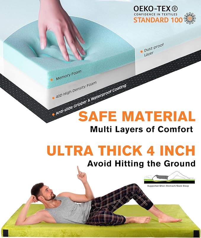 4 Inch GAIALOOP Extra Thick Memory Foam Camping Mattress, Roll Up Floor Sleeping Mat Camp Cot Mattress Pad Travel Camping Couch Bed for Guest Adults Side Sleepers