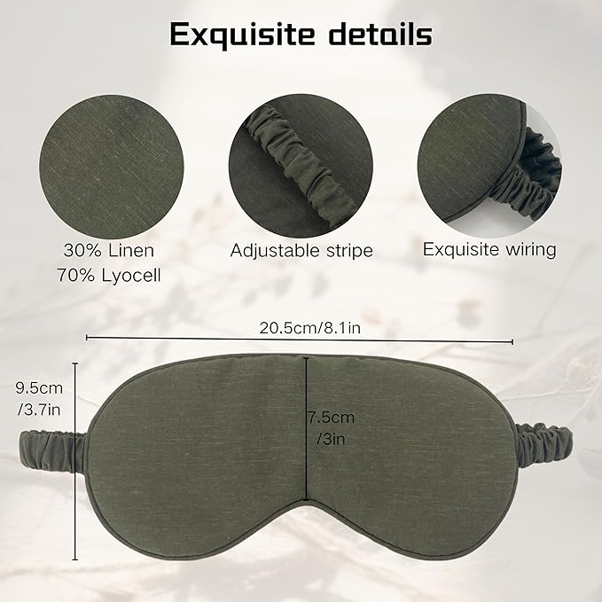 Sleep Mask Linen Eye Mask with Elastic Band,Comfort Sleeping Shade for Nighttime Sleeping, Traveling & Napping,Side Sleeper Eye Cover Cooling with Travel Bag Gift Package(Dark Olive)