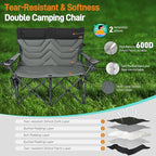 Double High-Back Camping Loveseat with Pillows, Dual Cup Holders & Cooler Bags - Oversized 2 Person Heavy Duty Folding Chair for Adults, 800LBS Capacity, Outdoor, Picnic, Lawn (1, BlackGrey)