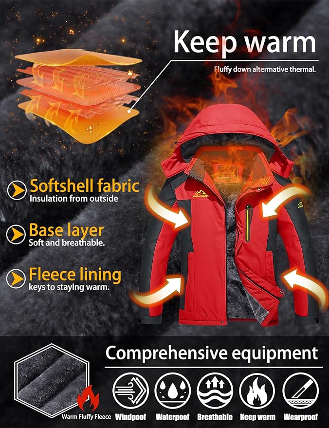 TACVASEN Men's Winter Ski Jacket Waterproof Snow Coats Snowboard Fleece Lining Jacket Warm Parka with Hooded