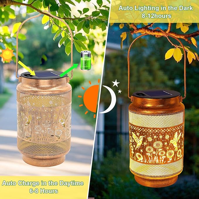 Gifts for Mom, Mothers Day Gift Solar Lanterns Outdoor, Mother Birthday Gift from Daughter Son, Metal Solar Hanging Hummingbird Lights with Shepherd Hook for Outside Garden Yard Patio Pathway