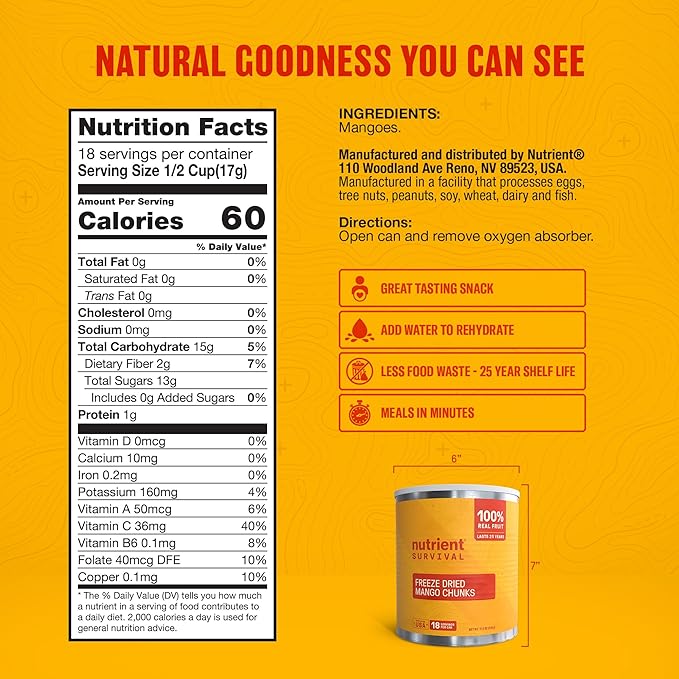 Freeze-Dried Mangoes – #10 Can | 25-Year Shelf Life | Emergency Food Storage & Snacking