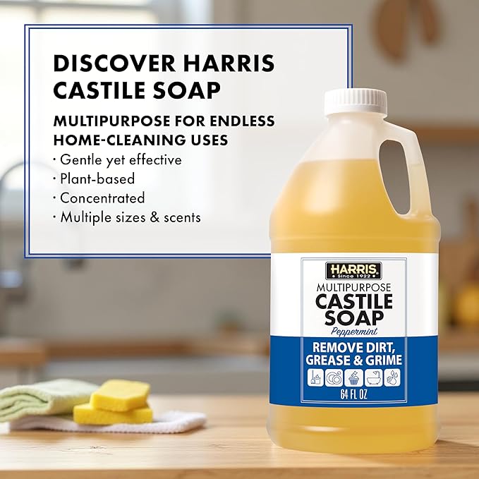 HARRIS Multi-Purpose Pure Castile Soap, Made with Olive, Coconut, and Pine Tree Oil, Uses for Cleaning Face, Body, Hand, Hair, Home, Dishes, and Laundry
