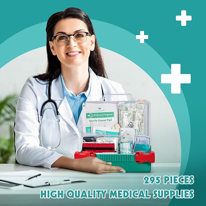 General Medi 295 Pieces Professional First Aid Kit - HardCase First Aid Box - Contains Premium Medical Supplies for Travel, Home, Office, Vehicle, Camping, Workplace & Outdoor