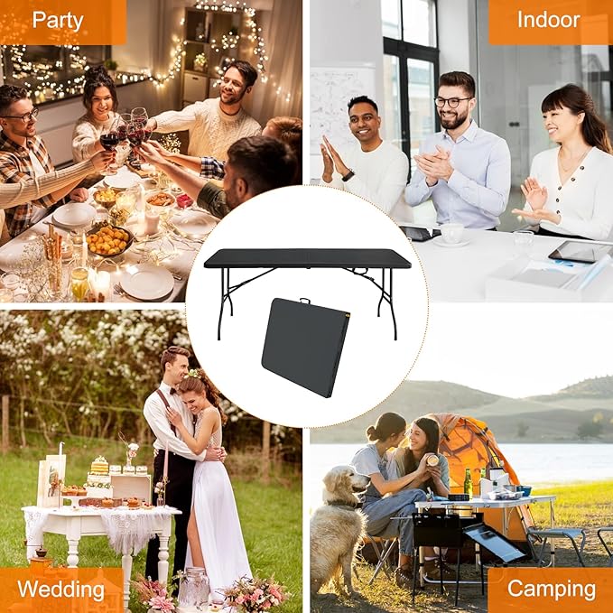 6 FT Folding Table with Carry Handle, Portable Fold-in-Half Plastic Table, Rectangle Foldable Table for Indoor/Outdoor Black