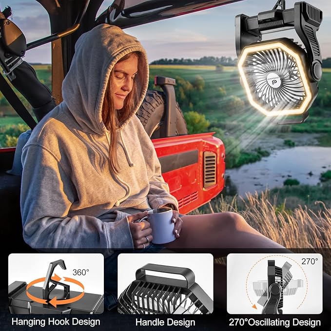 Odoland Rechargeable Camping Fan, 20000mAh Battery Fans with LED Lantern for Tent Car Beach Storm, Portable Ventilador Recargable Light Desk Fan for Picnic Power Outage Hurricane, Black