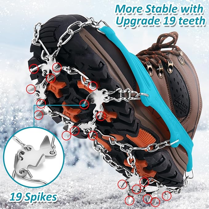 WIN.MAX Crampons for Shoes, Traction Cleats Ice Snow Grips with 19 Stainless Steel Spikes, Shoe Talons Anti - Slip Boots Spikes for Walking, Jogging, Climbing and Hiking