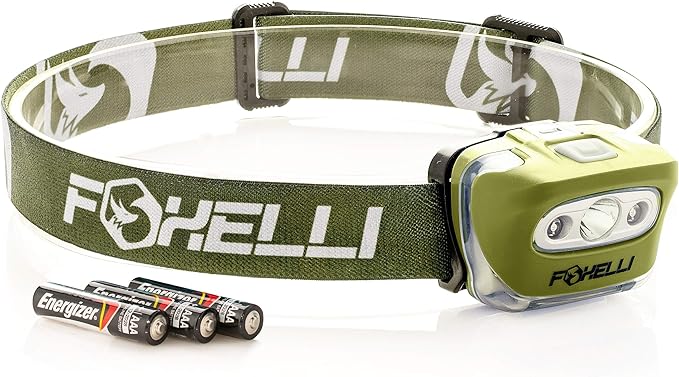Foxelli LED Headlamp Flashlight for Adults & Kids, Running, Camping, Hiking Head Lamp with White & Red Light, Comfortable Headband, Lightweight & Waterproof, 3 AAA Batteries