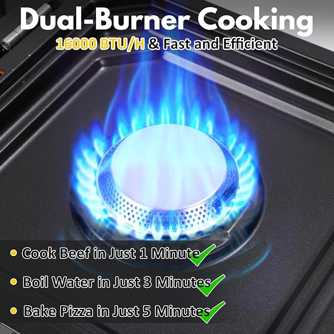 Adjustable 2 Burner Popane Stove with 16000 BTU, Flameout Protection, with Camping Grill and Carrying Bag, Portable Camping Stove for Camping, Backyard BBQ,Tailgating (Orange)