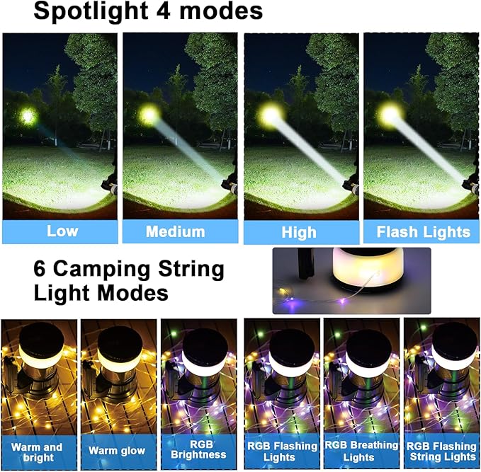 Camping Lantern Rechargeable, LED Flashlight Spotlight Lantern, Waterproof Lantern Flashlight for Hurricane Emergency, Hiking, Outdoor Patio and Garden Party Decoration