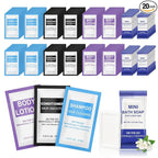 4 Sets 4-IN-1 Hotel Toiletries Bulk Set,20 Pcs 0.35 oz each Packets Shampoo,Conditioner, Body Wash and Lotion Mini Travel Size Toiletries Supplies kit for Guests,Homeless,Motel