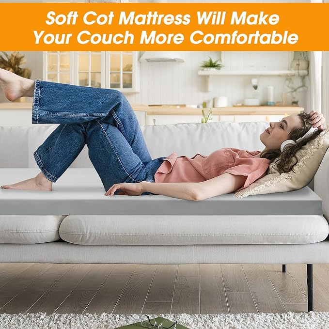 CYMULA Camping Cot Mattress 2in Memory Foam Sleeping Pad,Soft Warm Non-Slip Camping Mattress Topper with Retaining for Adults,Portable Roll up Pad for Travel(75 x30)（only Mattress）