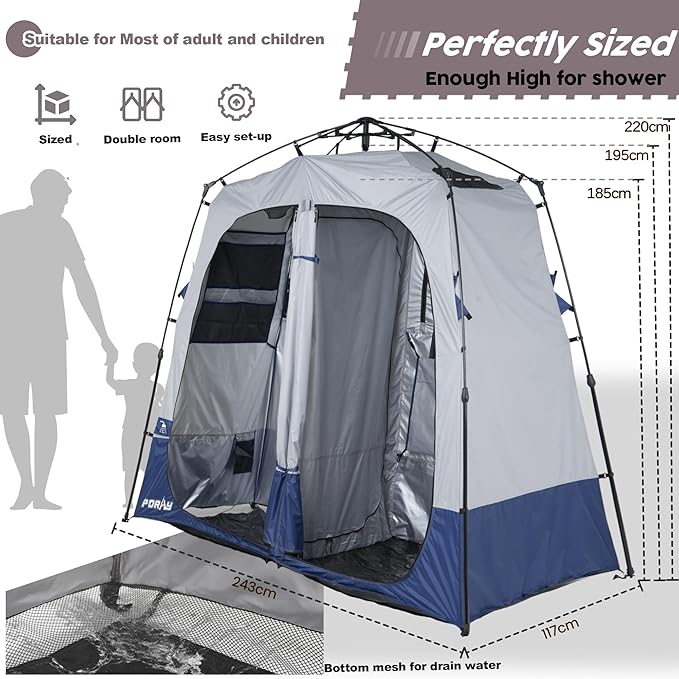 Camping Shower Tent Deluxe Changing Room Easy Set Up Privacy Shelter,Large Toilet Tent with Floor Drain Design for Beach, Camping,Hiking with Stakes and Ropes for Stability