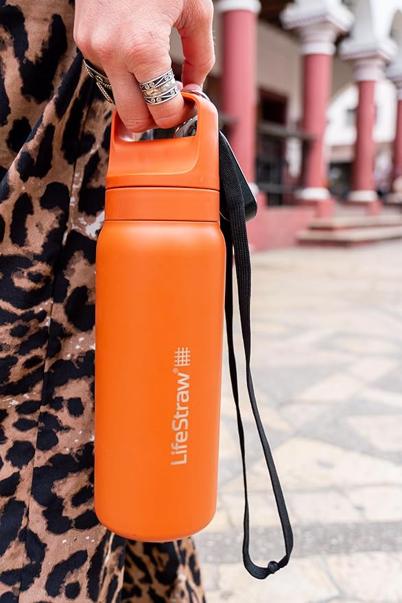LifeStraw Go Series – Insulated Stainless Steel Water Filter Bottle for Travel and Everyday Use, Removes Bacteria, Parasites and Microplastics, Improves Taste, 18oz Kyoto Orange