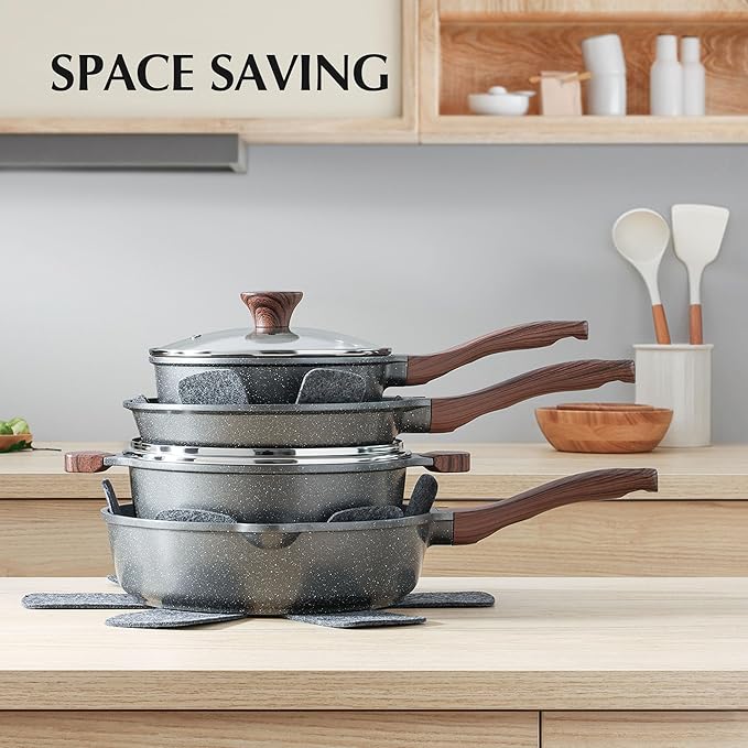 SENSARTE Nonstick Cookware Set 23-Piece, Non Stick Pots and Pans Set with Swiss Granite Coating, Healthy Kitchen Cooking Set, Stay-Cool Handles