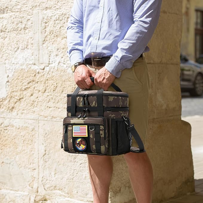 Expandable Large Tactical Lunch Box for Adults, Heavy Duty Durable Lunch Cooler Bag with MOLLE Lunch Pail for Work Camping Fishing Picnic (Black-Camo, 16L)