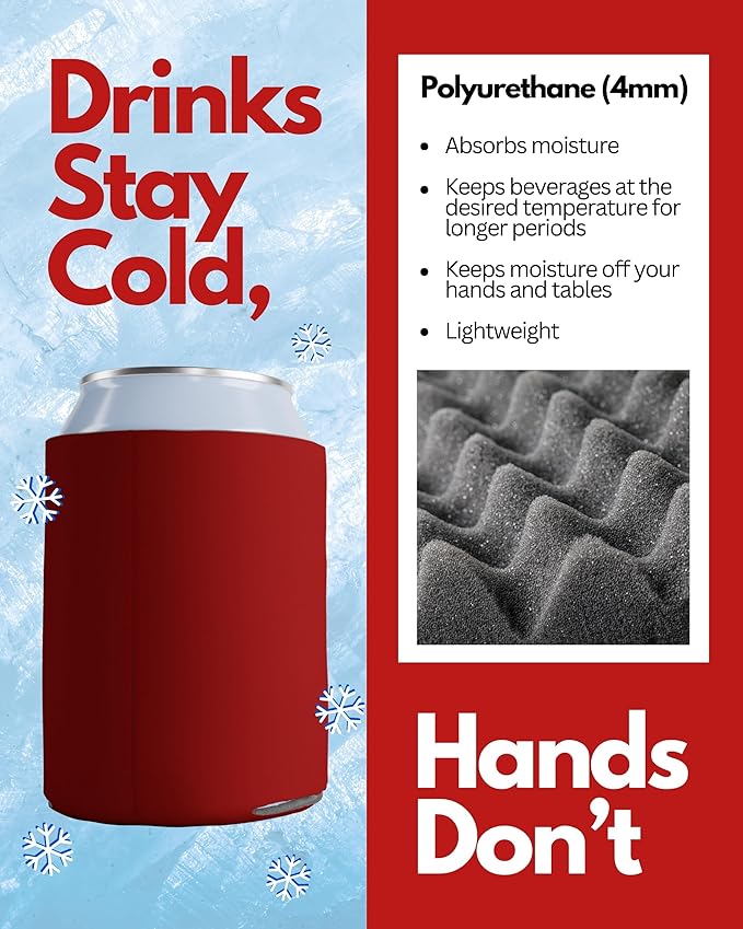 PartyPrints 200 Pack Red Blank Can Cooler Sleeves, Customizable Bulk Insulated Foam for Beer, Collapsible Plain Drink Holder, Cold Soda Insulator, 12oz Regular, 16oz Tall Cans