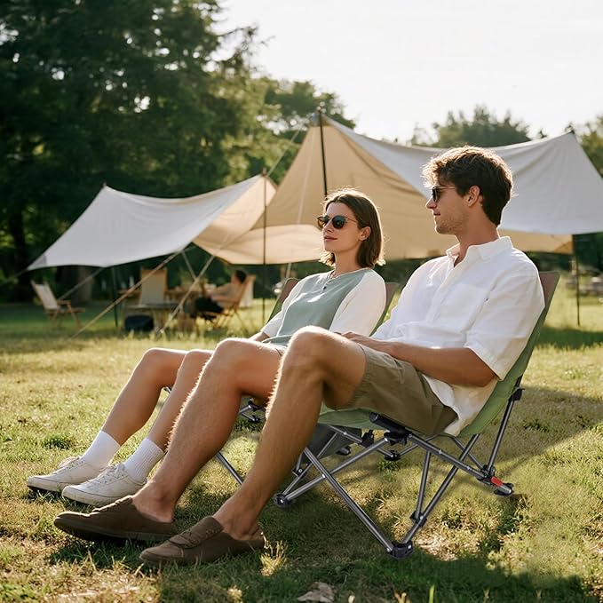 Compact Backpack Beach Chairs 2 Pack with Adjustable Backrest & Side Pocket, Low Folding Camping Chairs for Adults, Portable Reclining Chairs for Beach, Lawn, Travel