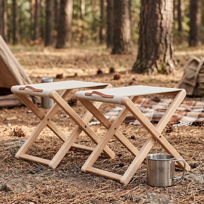 Folding Camping Stools Set of 6, Canvas Folding Stool with Wood Legs Portable Camp Stool Chairs for Outdoor Fishing Picnic Travel BBQ, Beige