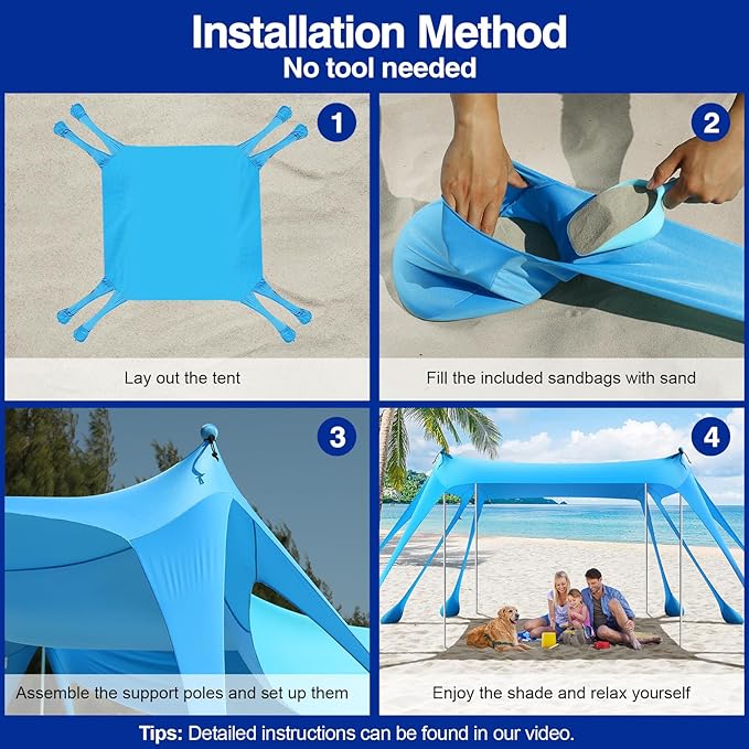 Rhino Valley Beach Tent Shade Canopy UPF50+ Protection, 8 Sandbags, 4 Stability Poles, Outdoor Sun Shelter Umbrella for Sand, Camping, Fishing Essentials