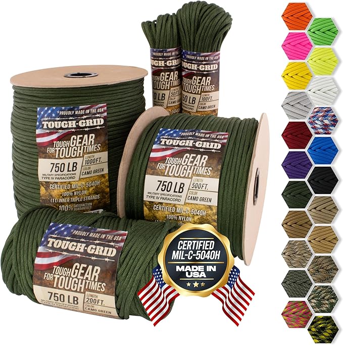TOUGH-GRID Paracord Rope 750 lbs Nylon Parachute Cord, Made in USA Survival Kit, Outdoor Adventures, Camping, Tactical Gear & Emergency Supplies, Military Type IV Mil-Spec