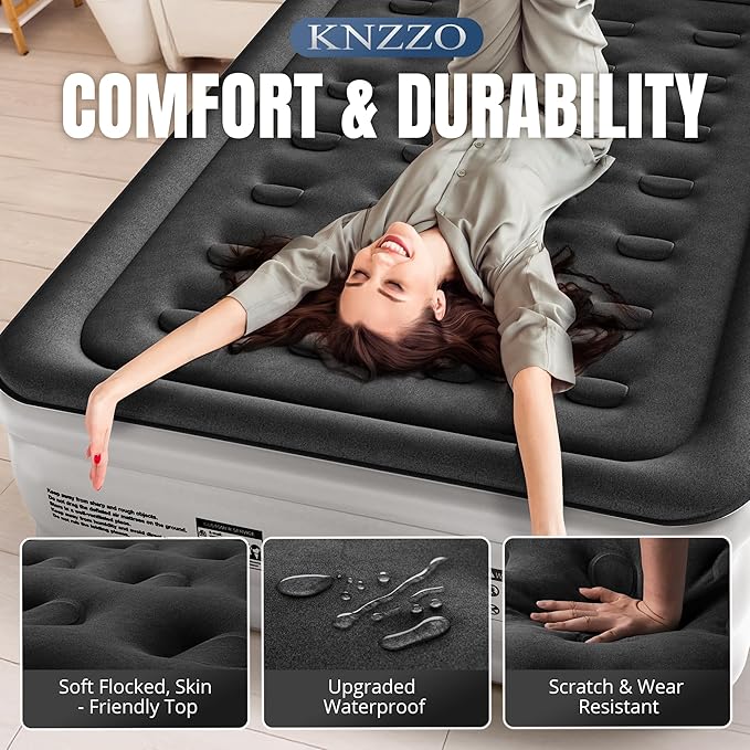 Full Air Mattress with Built-in Pump, 18" Top Inflatable Mattress with Waterproof Flocking Fabric, Three-Minute Quick-Inflatable Bed. Portable Blow Up Mattress for Home, Outdoor and Guests