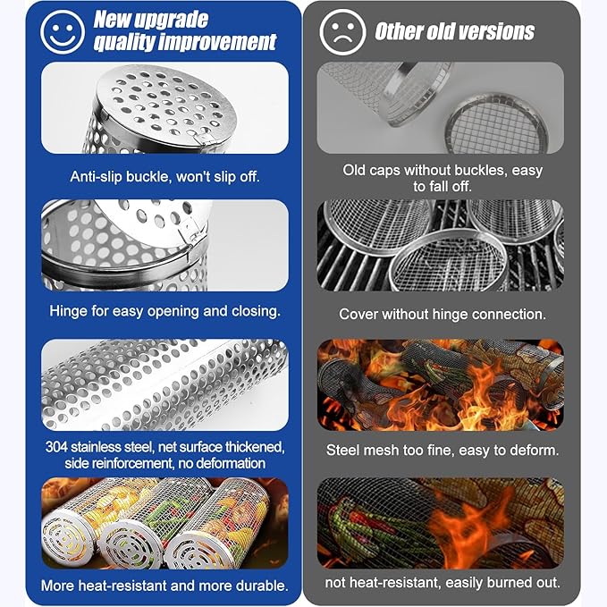 BBQ Net Tube - 2 Pack Rolling BBQ Basket, Quadratisches Verdicktes Design, Rolling BBQ Basket für Outdoor BBQ, rundes Edelstahl BBQ Netz, Camping Grill für Gemüse, Chips und Fisch