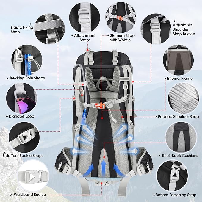 IGOLUMON 60L Hiking Backpack Waterproof Camping Backpack with Rain Cover Large Lightweight Backpacking Backpack for Men Women