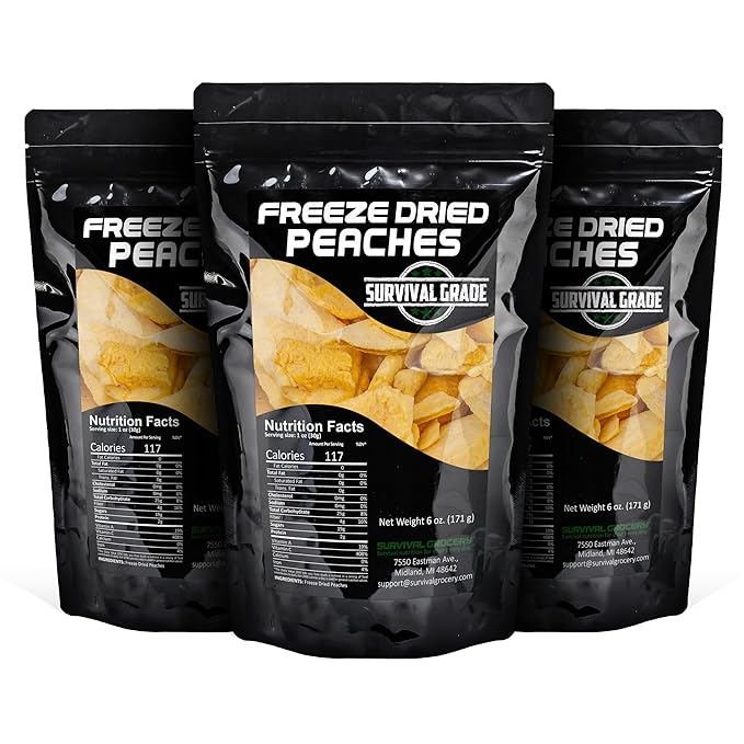 Survival Grocery Freeze Dried Peaches – All-Natural, No Added Sugar or Preservatives, Rich in Vitamin C & Fiber, Long Shelf Life, Healthy Snack for Yogurt, Smoothies, Baking & On-the-Go (18 oz./3 Bags)
